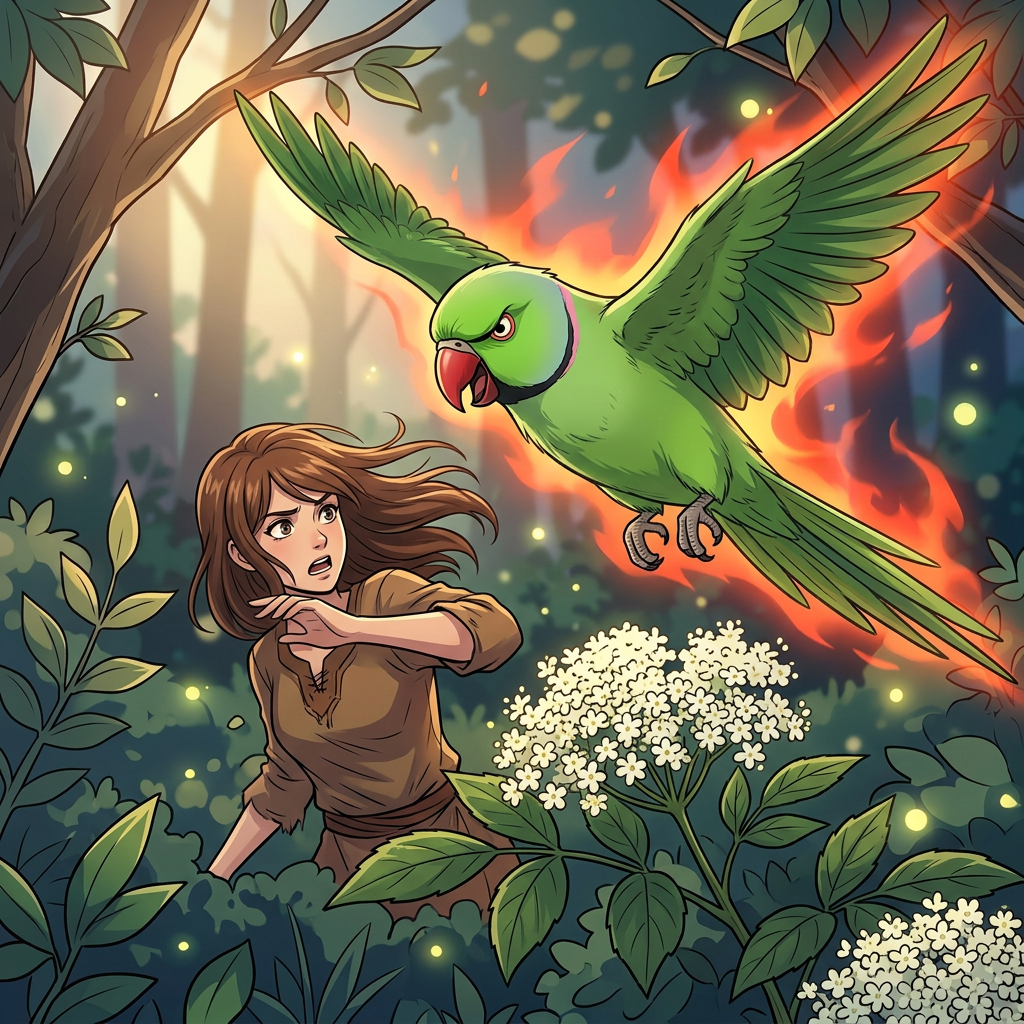 Angry green parrot perched on a branch with flames behind