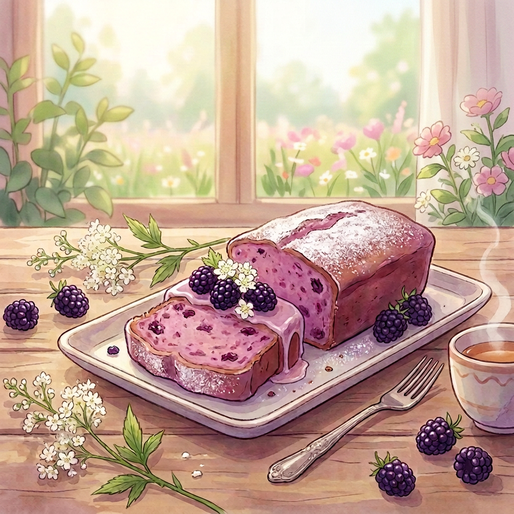 Sliced blackberry cake with icing and fresh blackberries on a plate with a cup of tea
